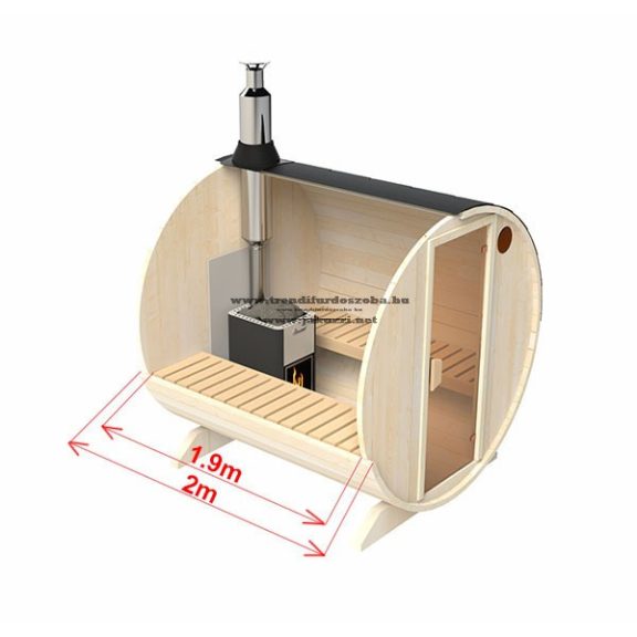 Hordó szauna S2-es 2 méteres thermowood harvia M3 fatűzelésű kályhával
