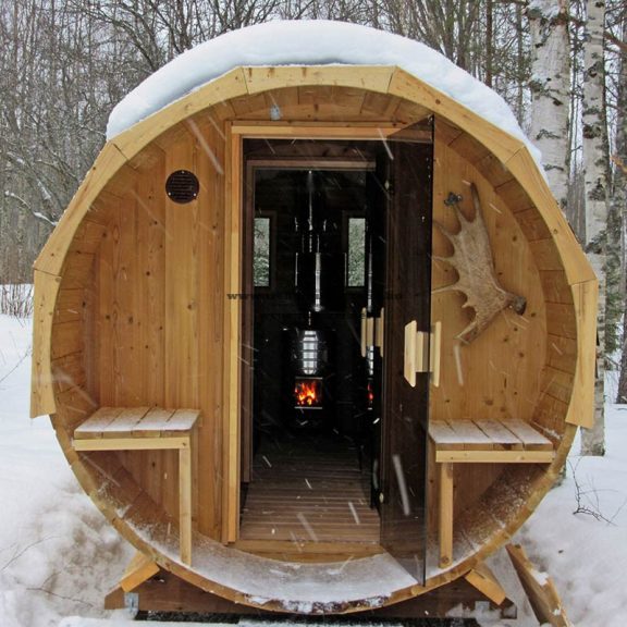 THERMOWOOD HORDÓ SZAUNA S4PV 2,2M ÁTMÉRŐJŰ ÖLTÖZŐVEL ÉS KINTI PADOKKAL++